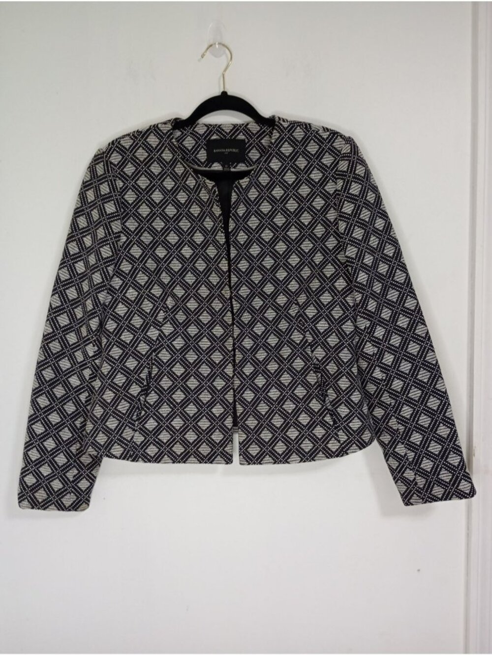 Banana Republic Diamond Pattern Black & White Open Front Jacket 12 Cotton Blend